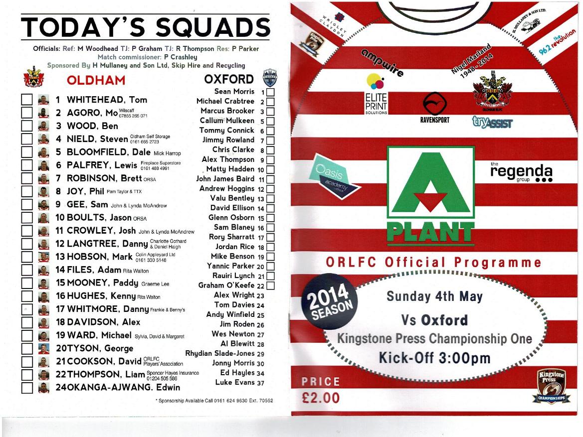Programme cover: Oldham v Oxford, 4 May 2014