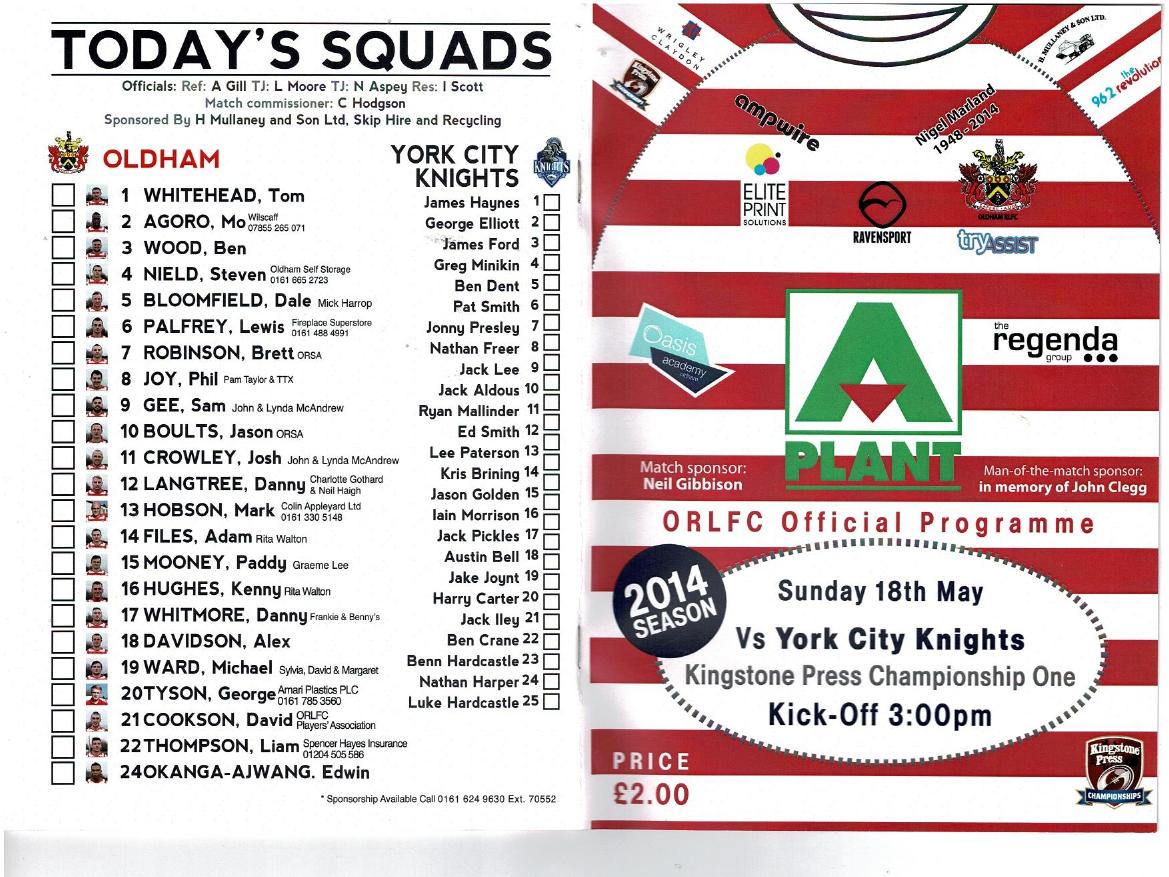 Programme cover: Oldham v York Knights, 18 May 2014