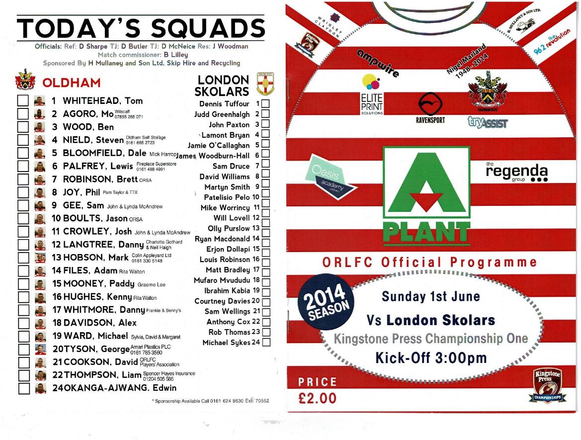 Programme cover: Oldham v London Skolars, 1 June 2014