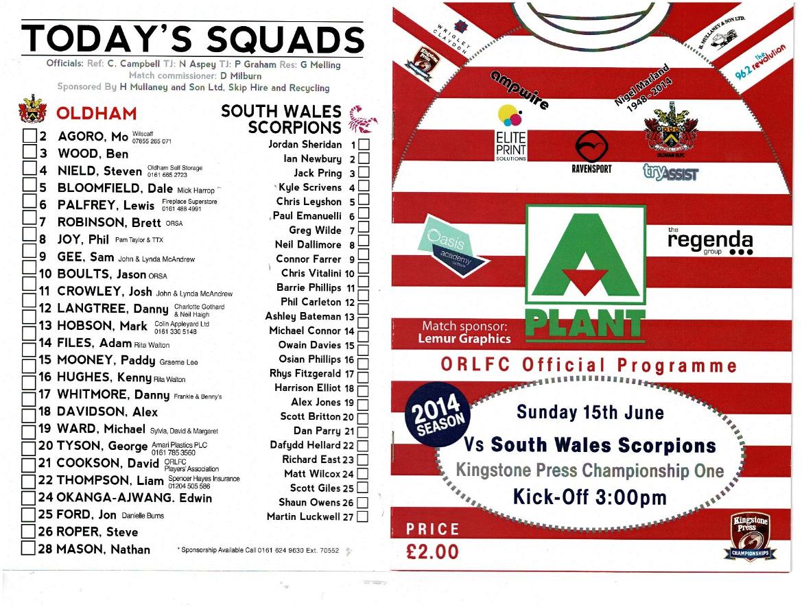 Programme cover: Oldham v South Wales Scorpions, 15 June 2014