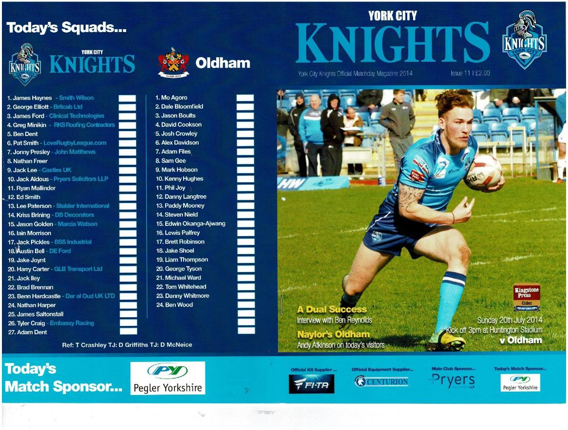 Programme cover: Oldham v York Knights, 20 July 2014
