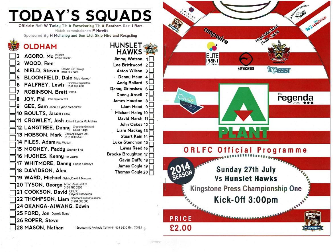 Programme cover: Oldham v Hunslet Hawks, 27 July 2014