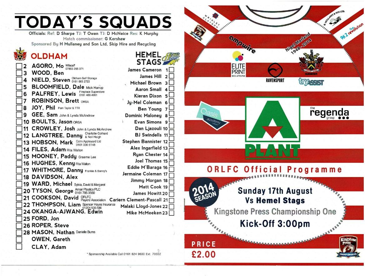 Programme cover: Oldham v Hemel Stags, 17 August 2014