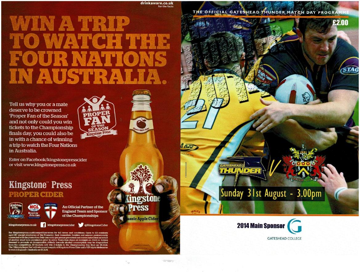 Programme cover: Oldham v Gateshead Thunder, 31 August 2014