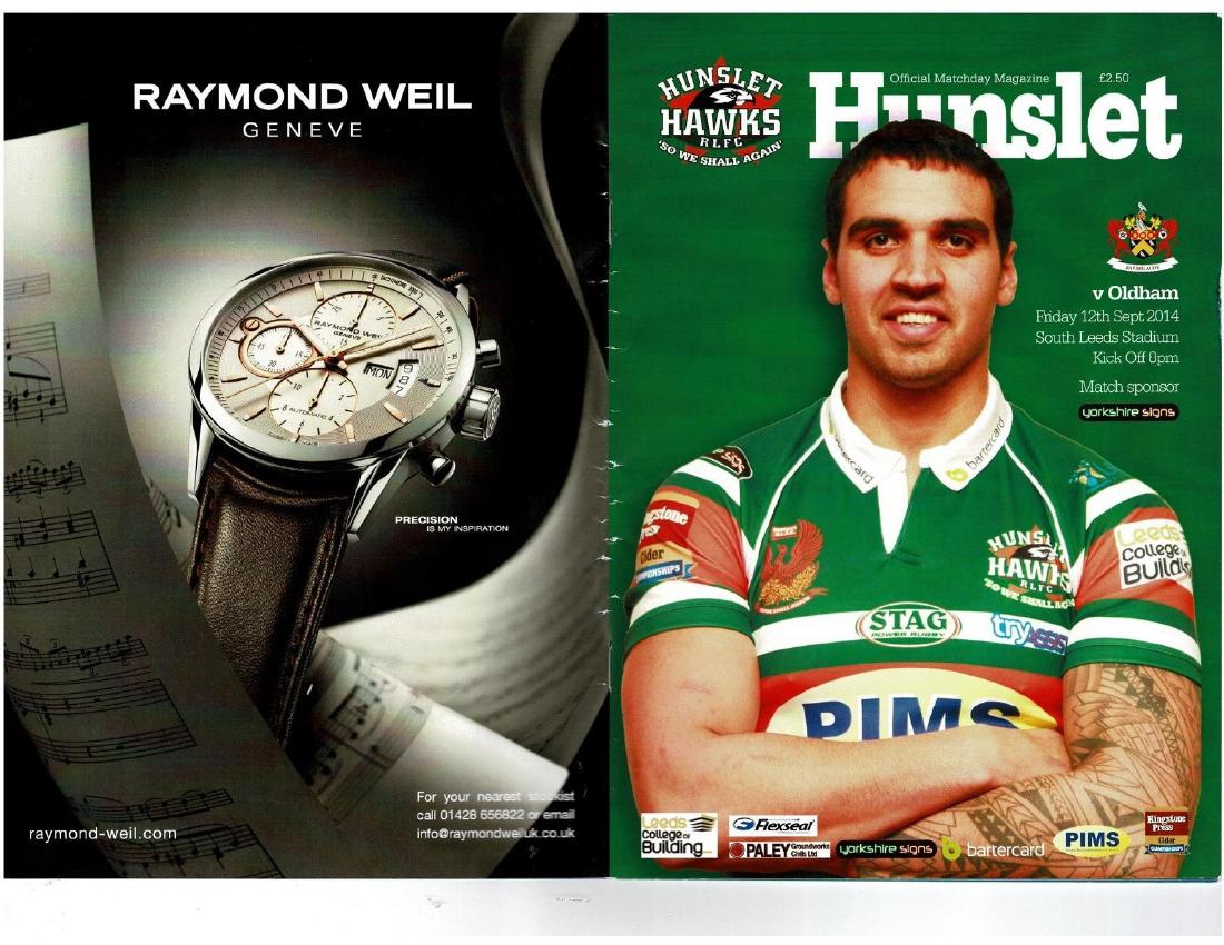 Programme cover: Oldham v Hunslet Hawks, 12 September 2014