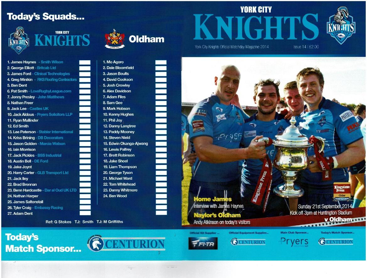 Programme cover: Oldham v York Knights, 21 September 2014