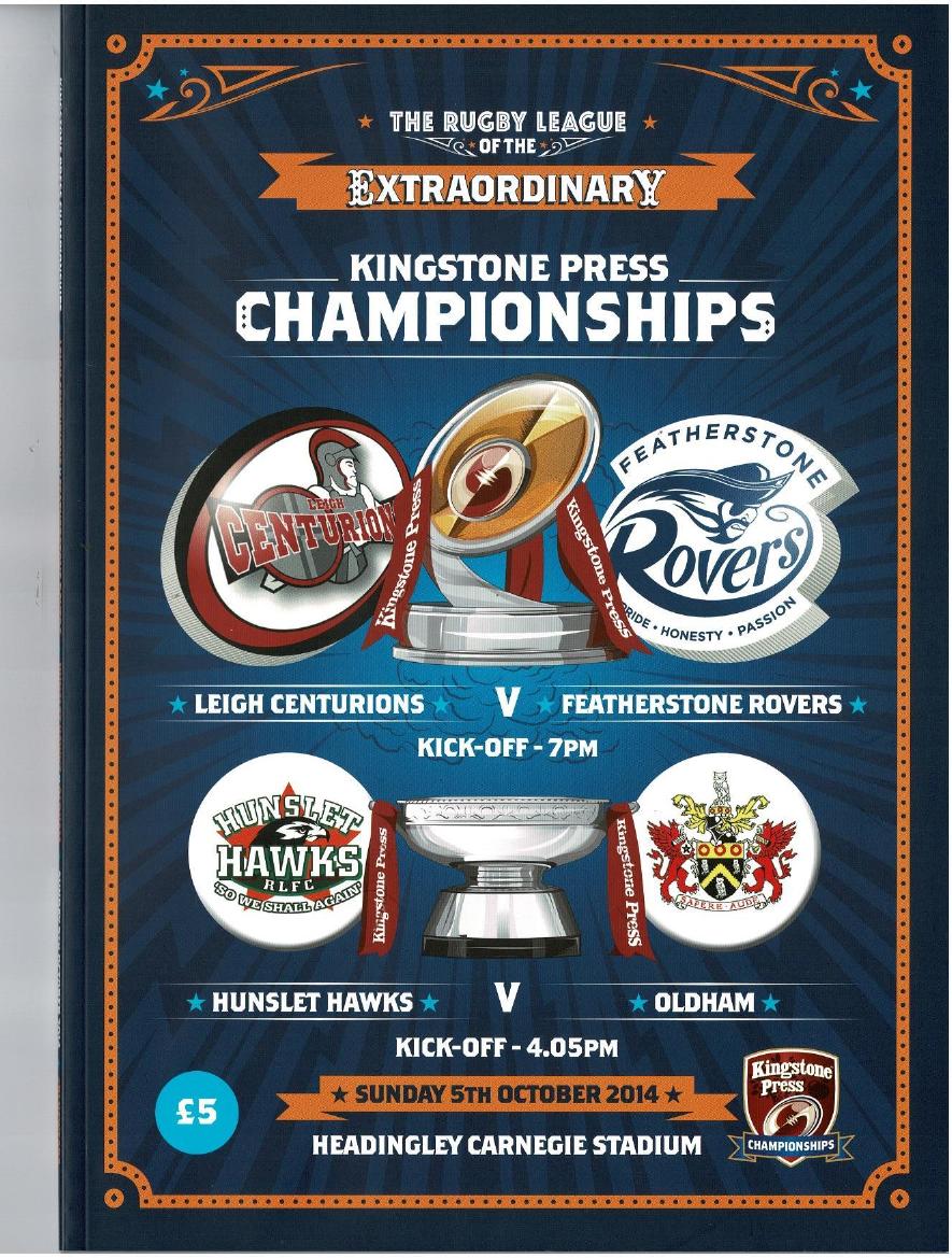 Programme cover: Oldham v Hunslet Hawks, 5 October 2014