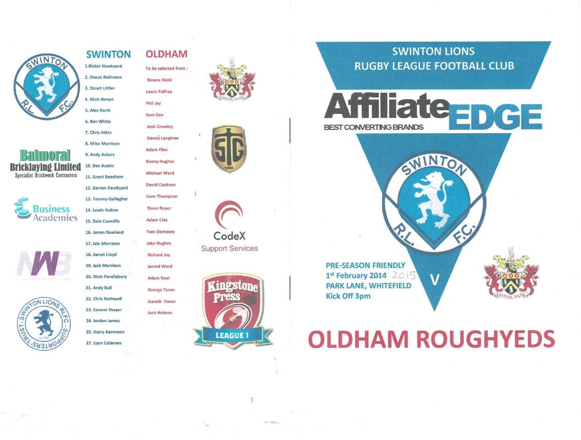 Programme cover: Oldham v Swinton Lions, 1 February 2015