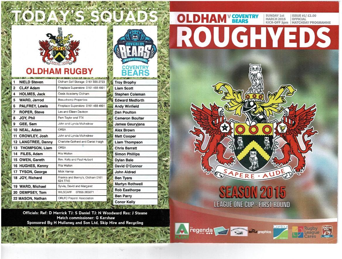 Programme cover: Oldham v Coventry Bears, 1 March 2015