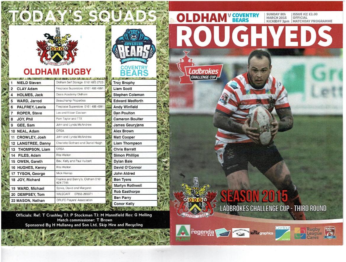 Programme cover: Oldham v Coventry Bears, 8 March 2015