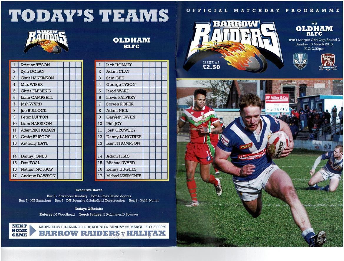 Programme cover: Oldham v Barrow Raiders, 15 March 2015