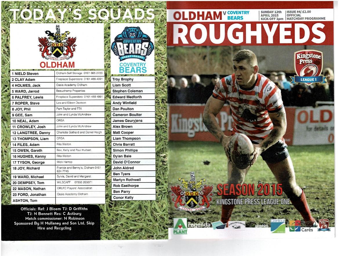 Programme cover: Oldham v Coventry Bears, 12 April 2015