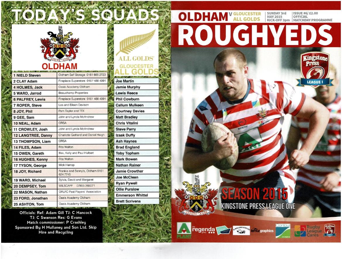 Programme cover: Oldham v Gloucester All Golds, 3 May 2015