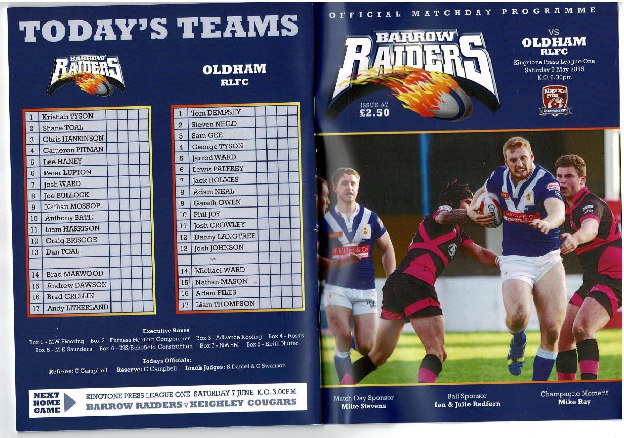 Programme cover: Oldham v Barrow Raiders, 9 May 2015