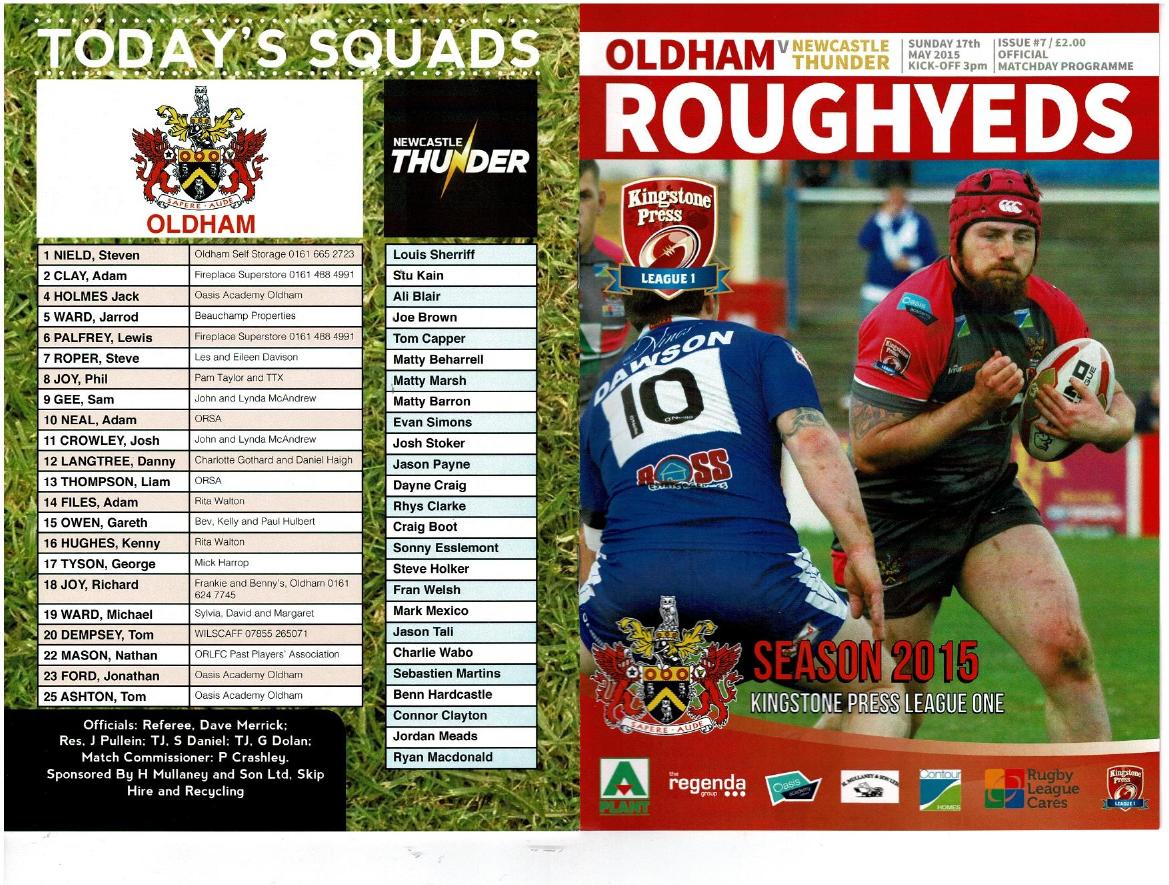 Programme cover: Oldham v Newcastle Thunder, 17 May 2015
