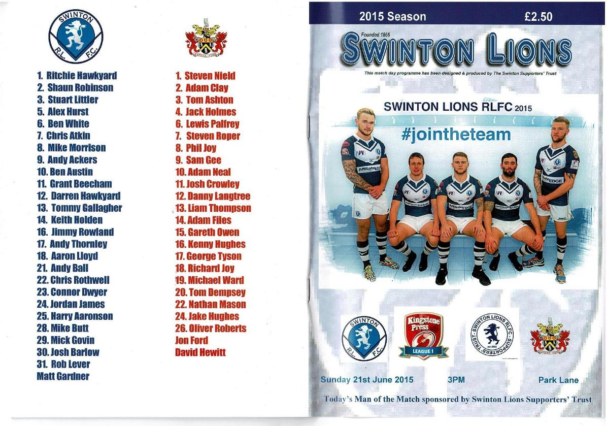 Programme cover: Oldham v Swinton Lions, 21 June 2015