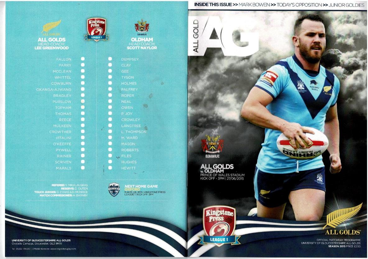 Programme cover: Oldham v Gloucester All Golds, 27 June 2015