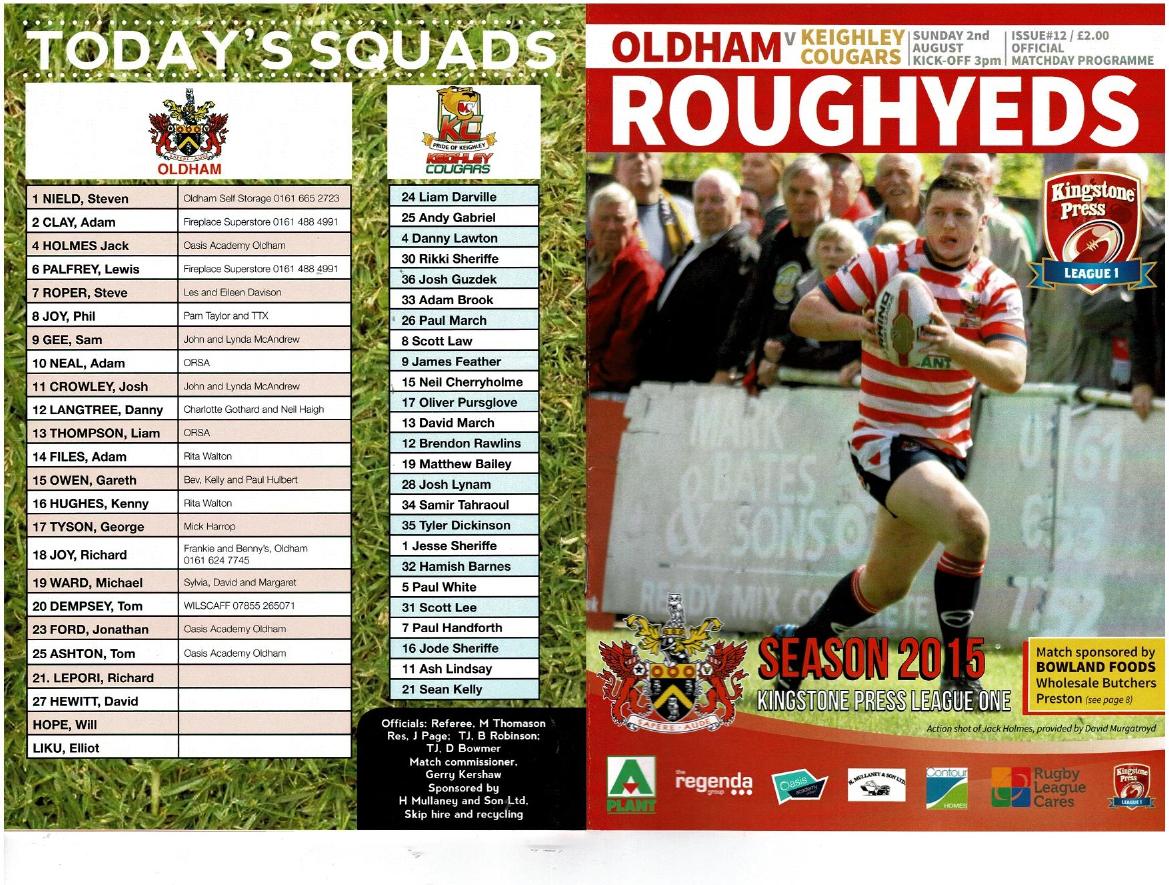 Programme cover: Oldham v Keighley Cougars, 2 August 2015