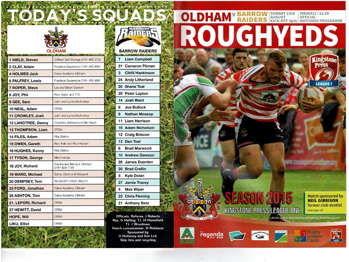 Programme cover: Oldham v Barrow Border Raiders, 23 August 2015