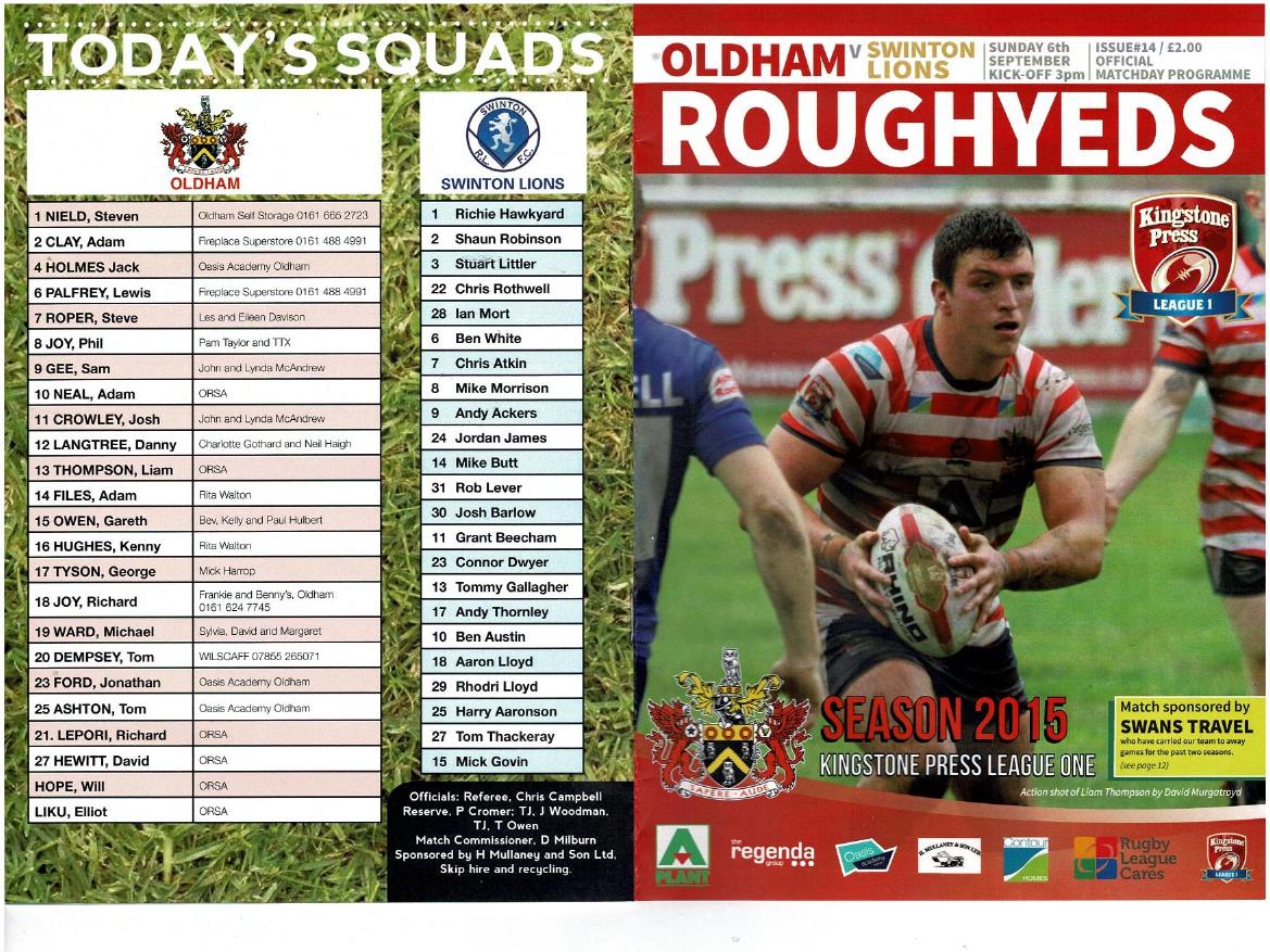 Programme cover: Oldham v Swinton Lions, 6 September 2015