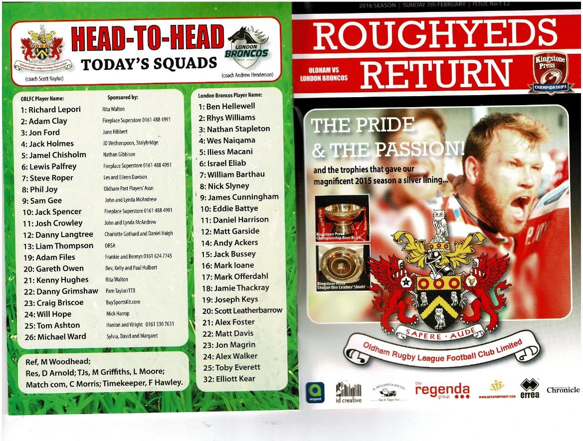 Programme cover: Oldham v London Broncos, 7 February 2016