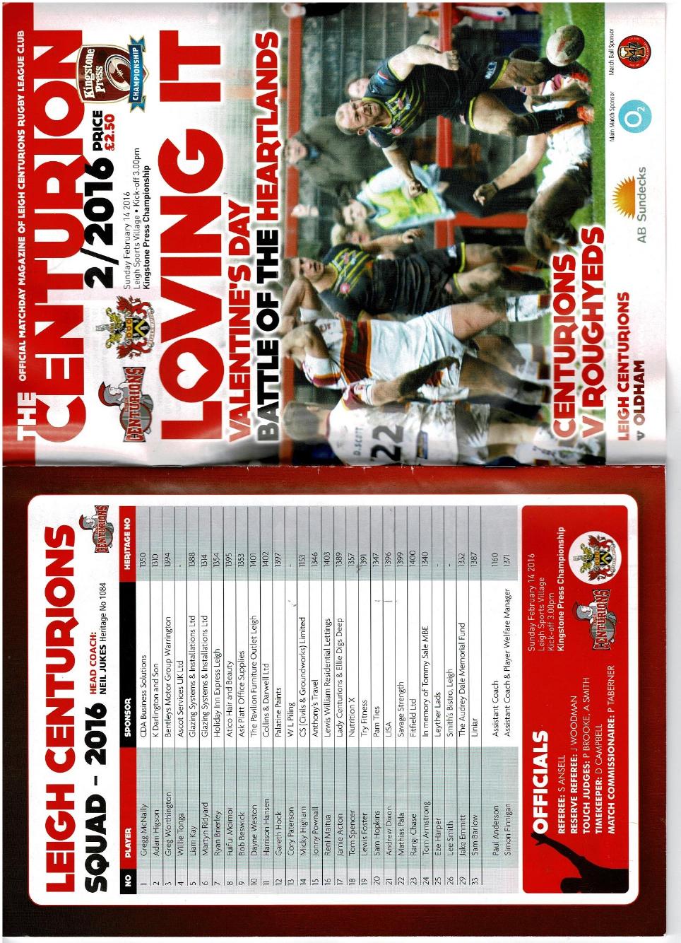 Programme cover: Oldham v Leigh Centurions, 14 February 2016