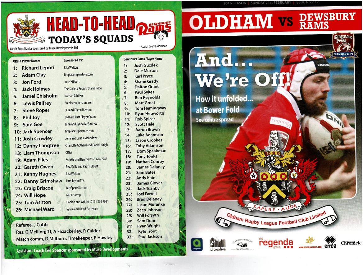 Programme cover: Oldham v Dewsbury Rams, 21 February 2016