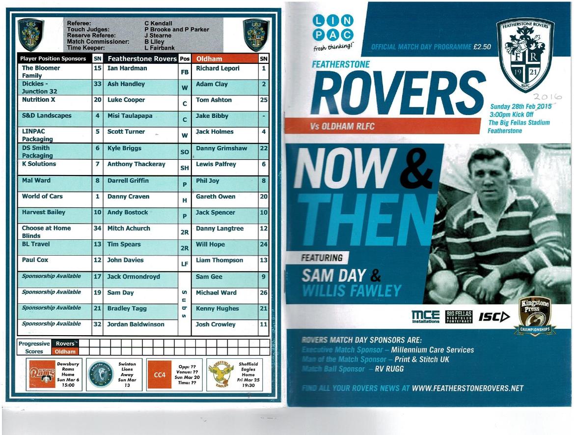 Programme cover: Oldham v Featherstone Rovers, 28 February 2016