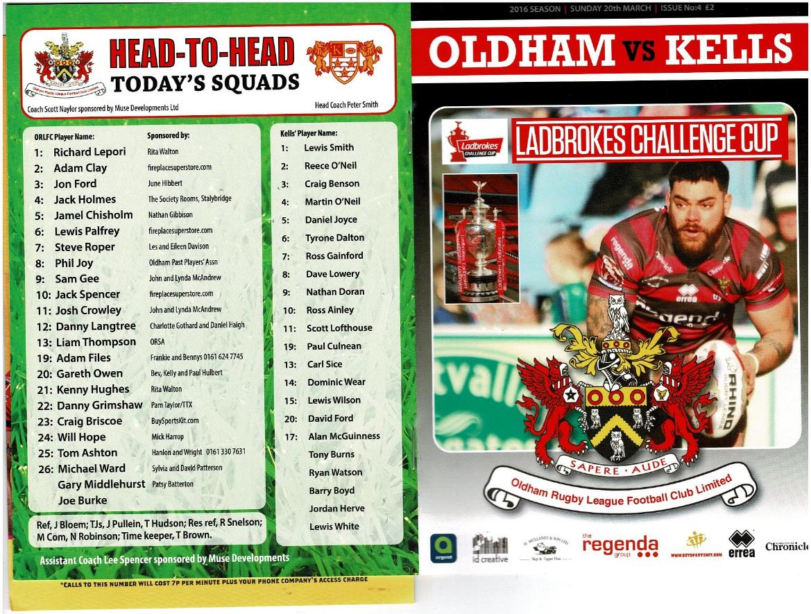 Programme cover: Oldham v Kells, 20 March 2016