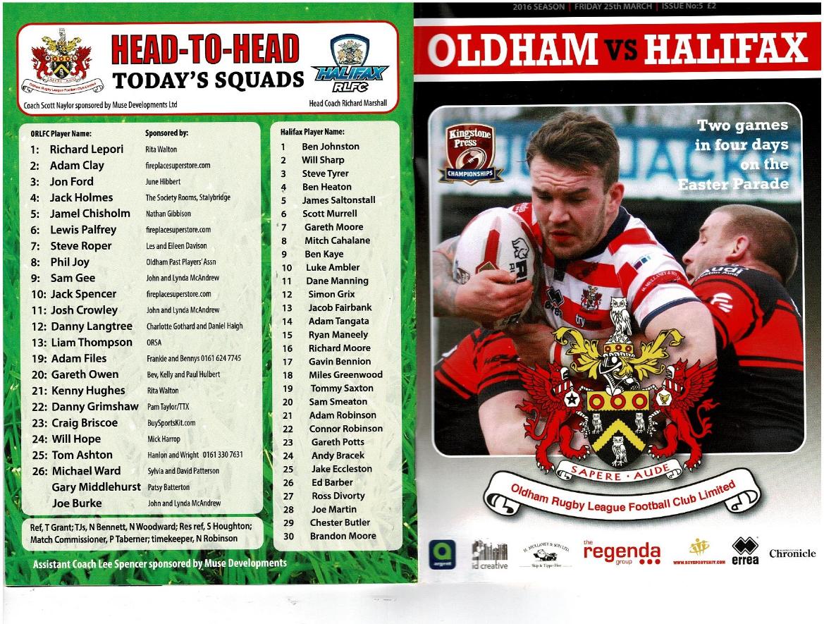 Programme cover: Oldham v Halifax, 25 March 2016