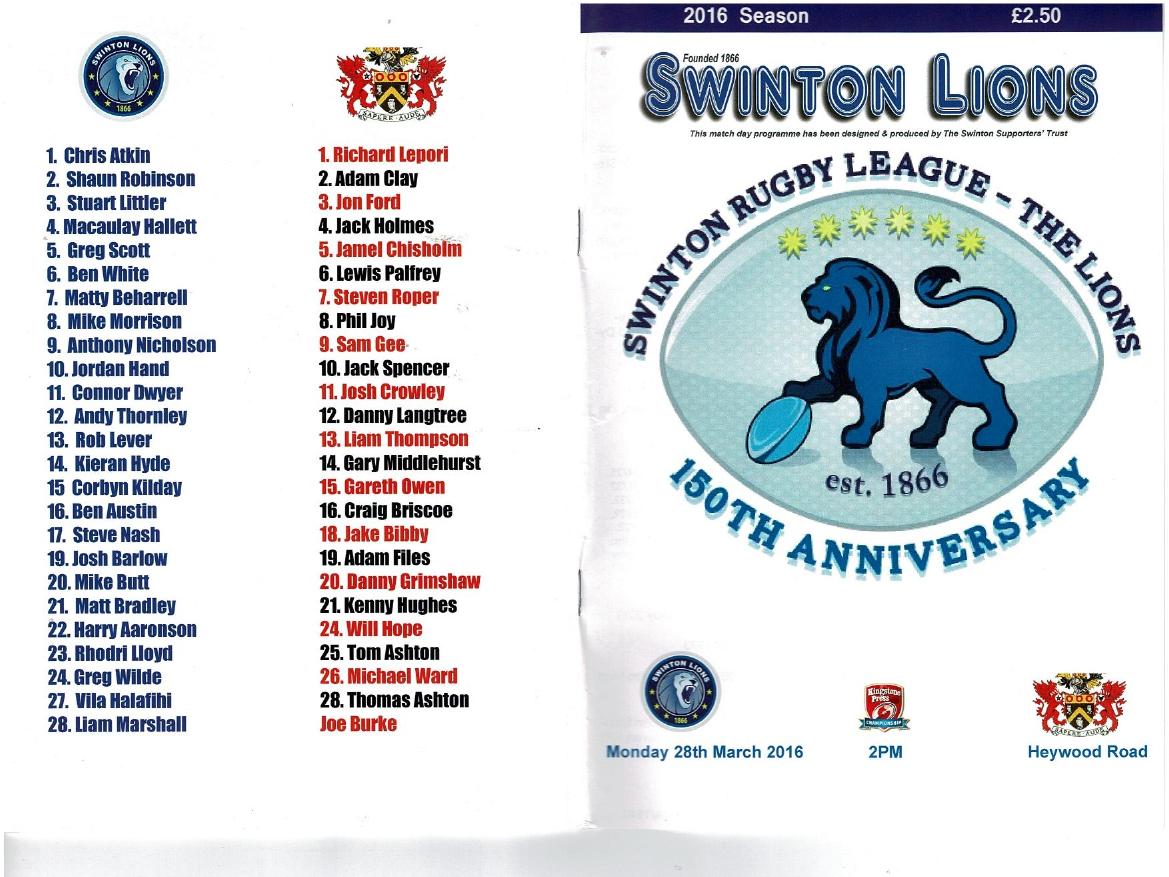 Programme cover: Oldham v Swinton Lions, 28 March 2016