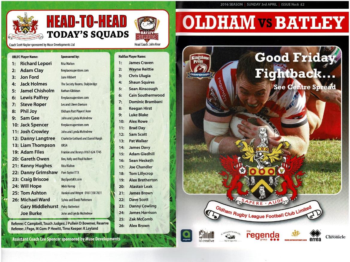 Programme cover: Oldham v Batley Bulldogs, 3 April 2016