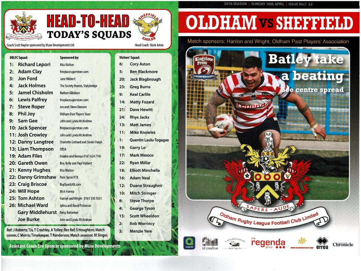 Programme cover: Oldham v Sheffield Eagles, 10 April 2016