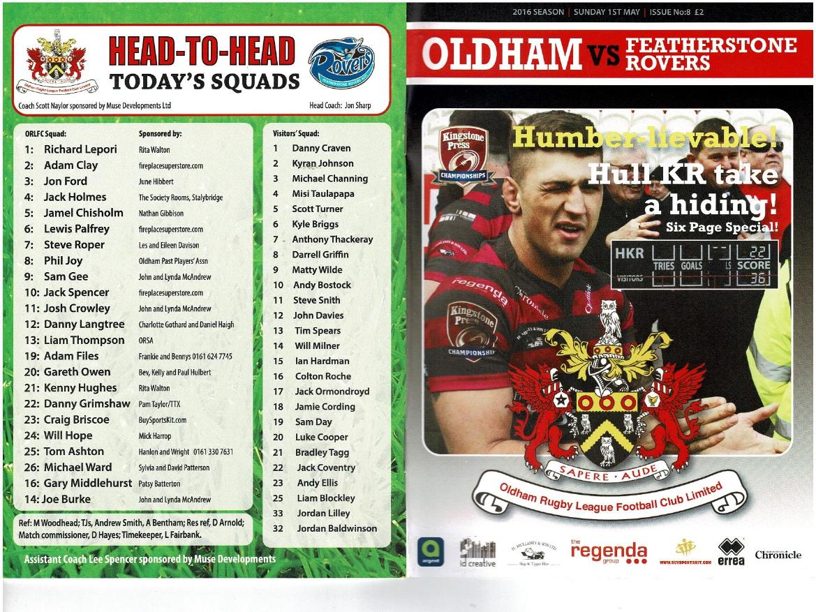 Programme cover: Oldham v Featherstone Rovers, 1 May 2016