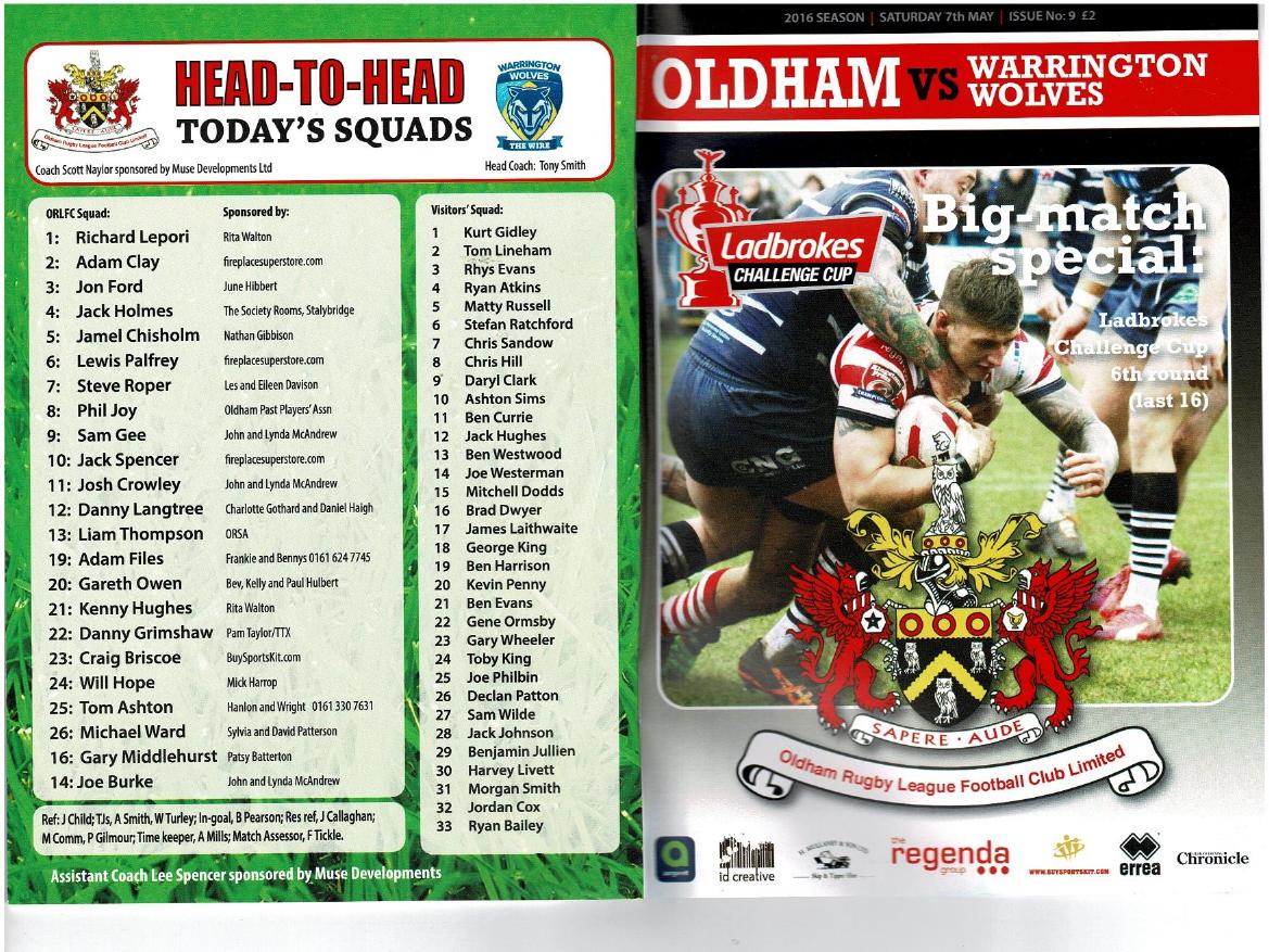 Programme cover: Oldham v Warrington Wolves, 7 May 2016
