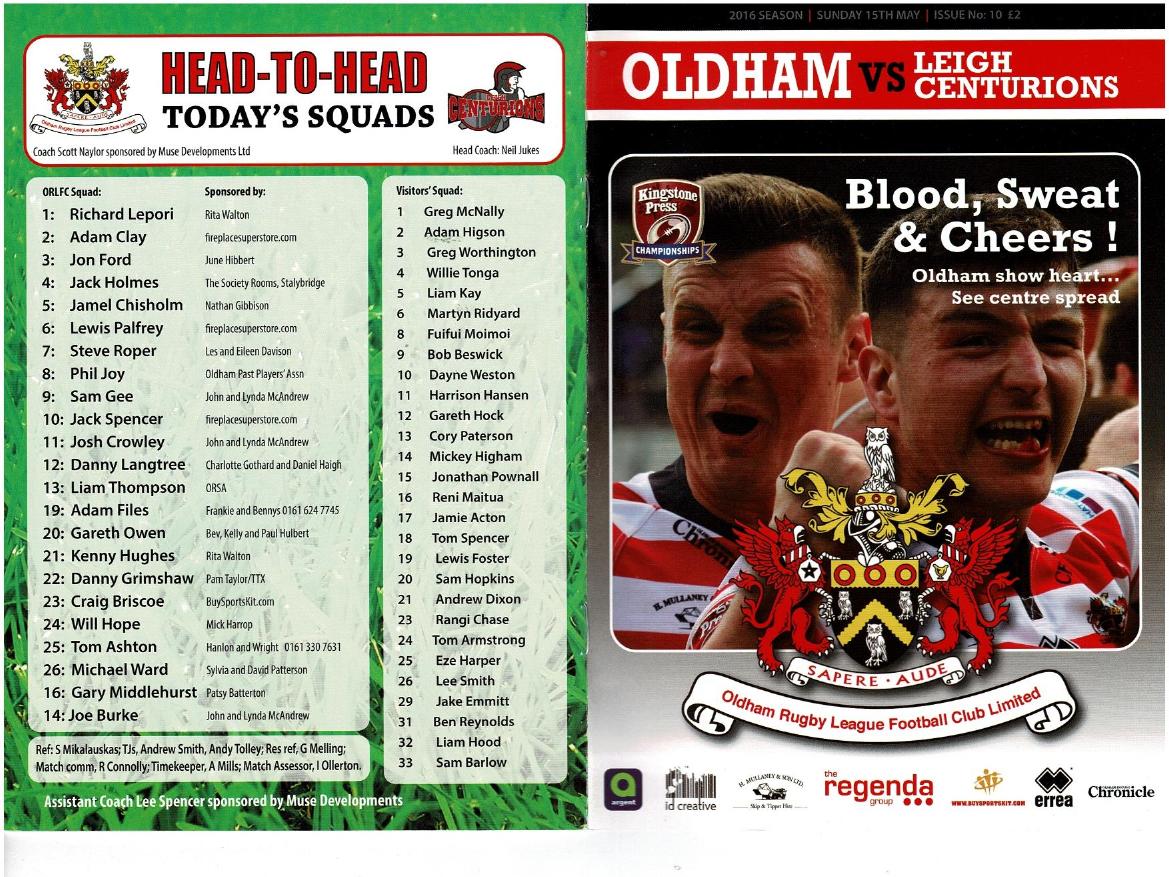Programme cover: Oldham v Leigh Centurions, 15 May 2016