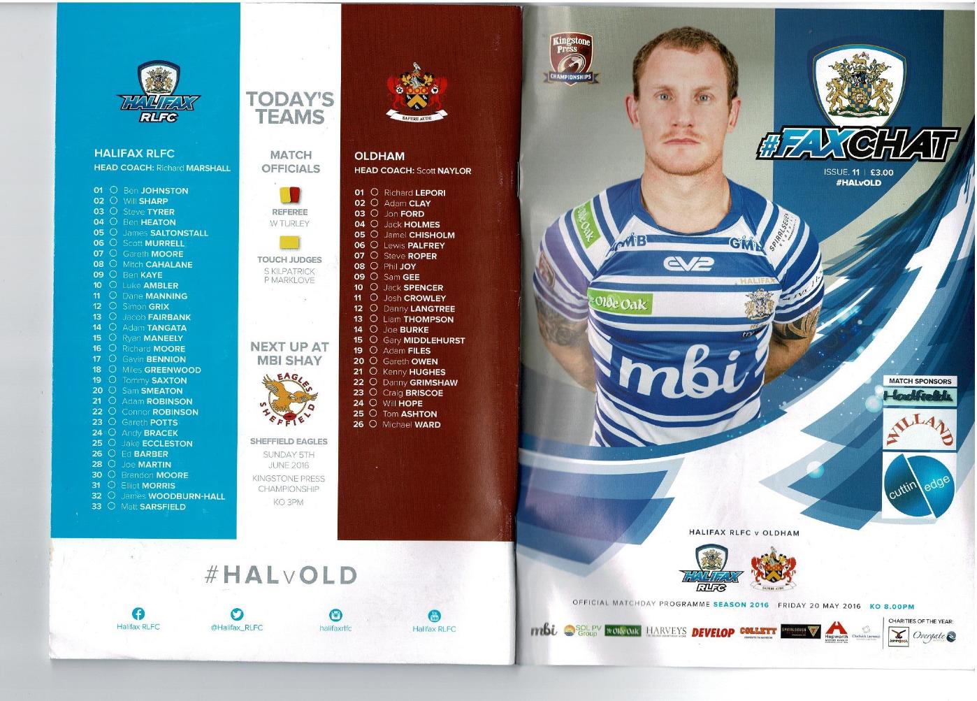 Programme cover: Oldham v Halifax, 20 May 2016