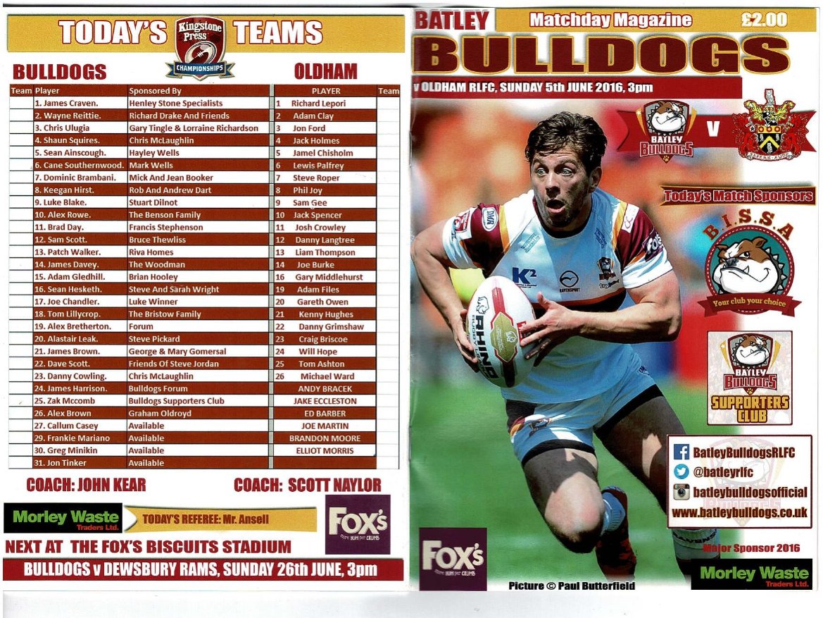 Programme cover: Oldham v Batley Bulldogs, 5 June 2016