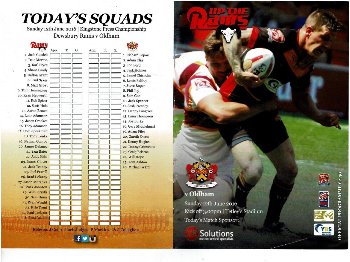 Programme cover: Oldham v Dewsbury Rams, 12 June 2016