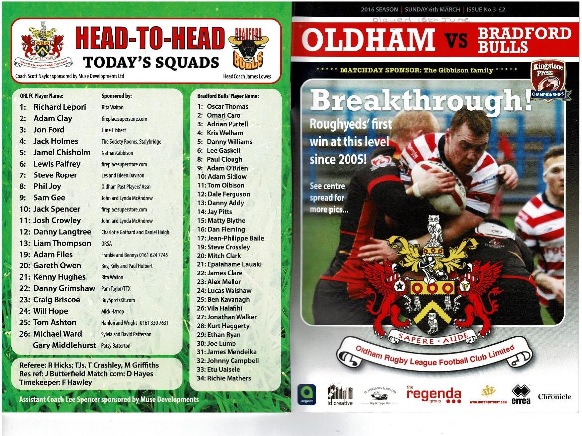 Programme cover: Oldham v Bradford Bulls, 15 June 2016
