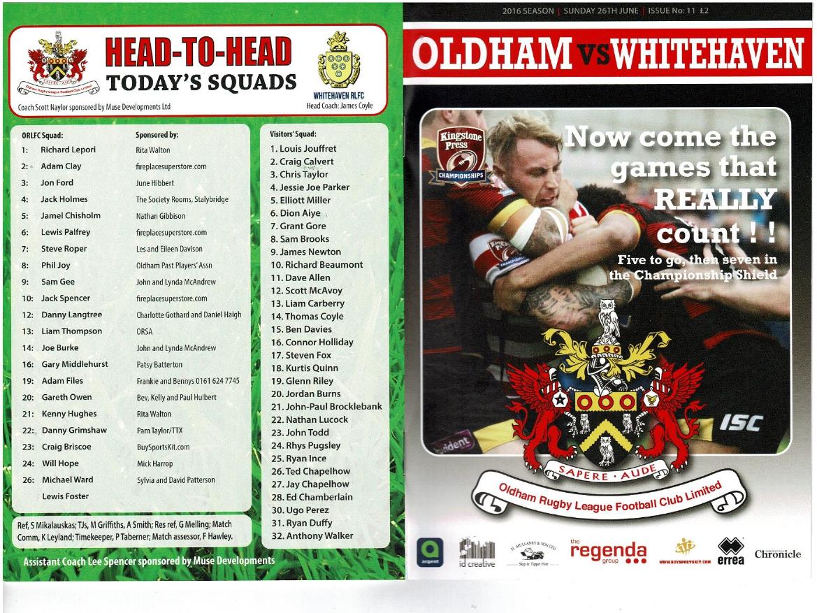 Programme cover: Oldham v Whitehaven Warriors, 26 June 2016