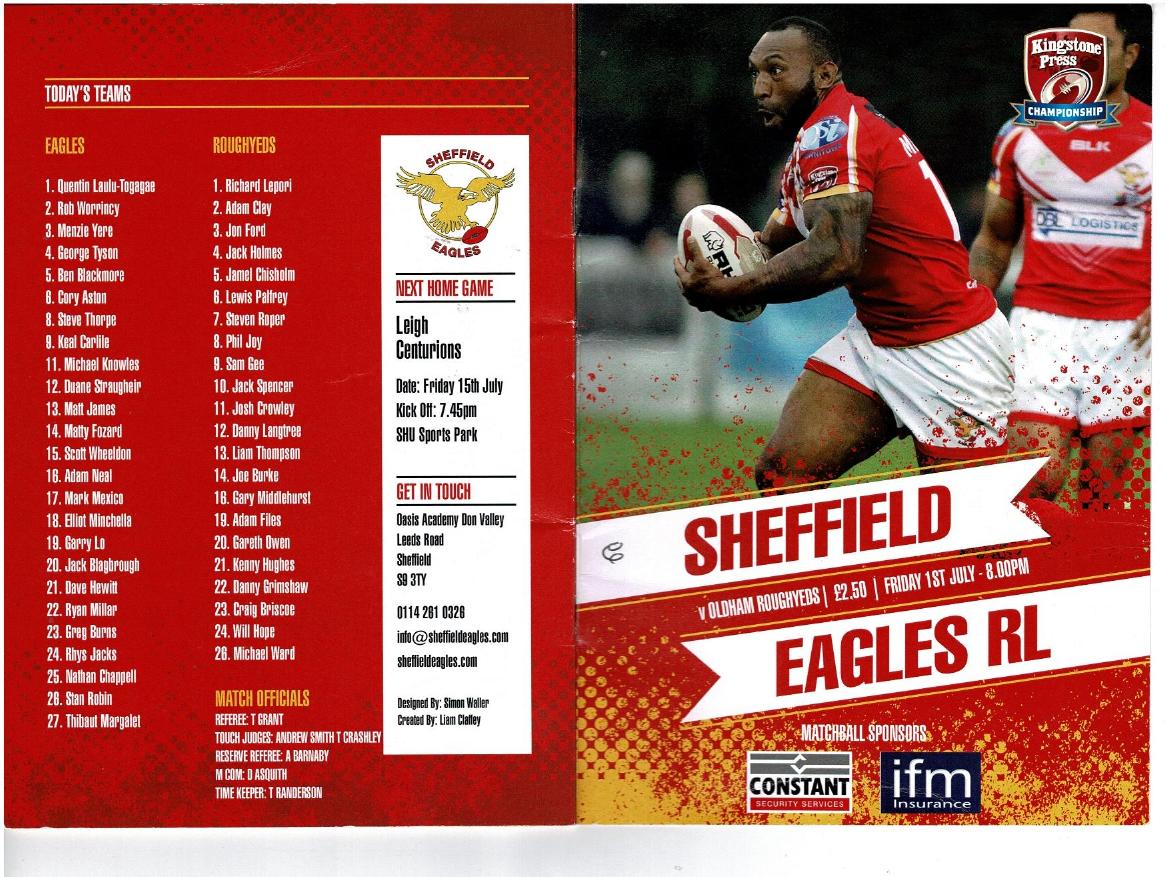 Programme cover: Oldham v Sheffield Eagles, 1 July 2016
