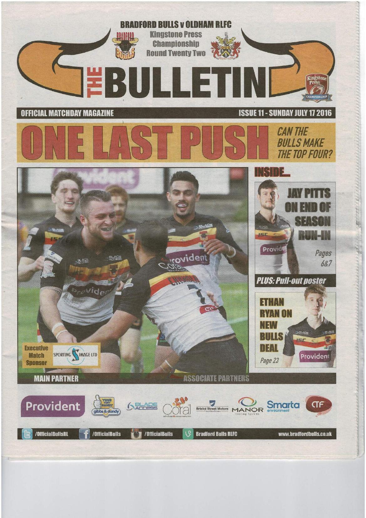 Programme cover: Oldham v Bradford Bulls, 17 July 2016