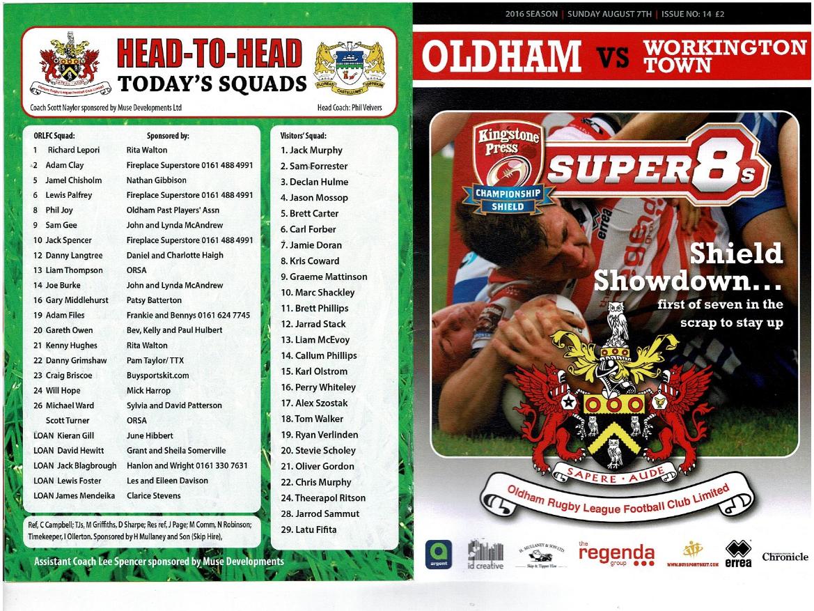 Programme cover: Oldham v Workington Town, 7 August 2016
