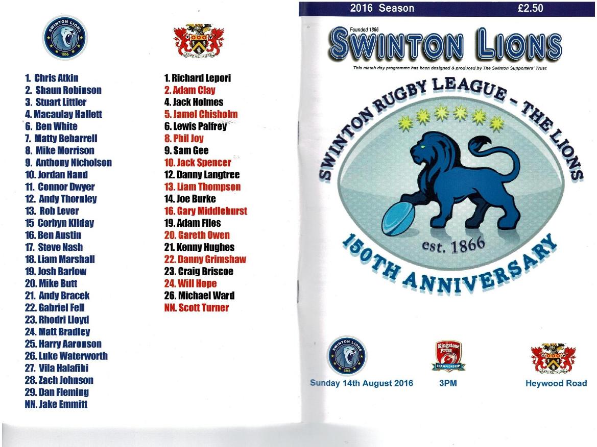 Programme cover: Oldham v Swinton Lions, 14 August 2016