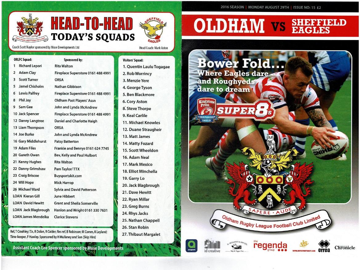 Programme cover: Oldham v Sheffield Eagles, 29 August 2016