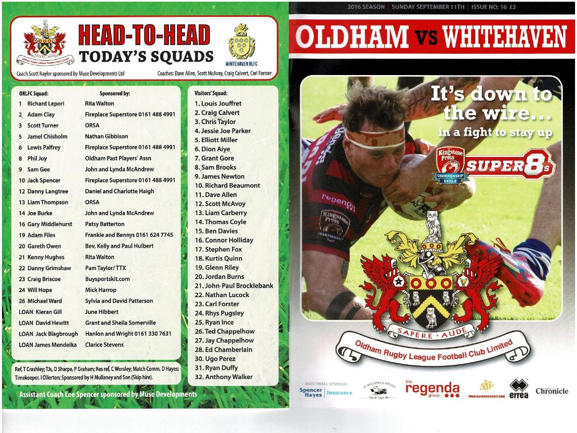 Programme cover: Oldham v Whitehaven Warriors, 11 September 2016