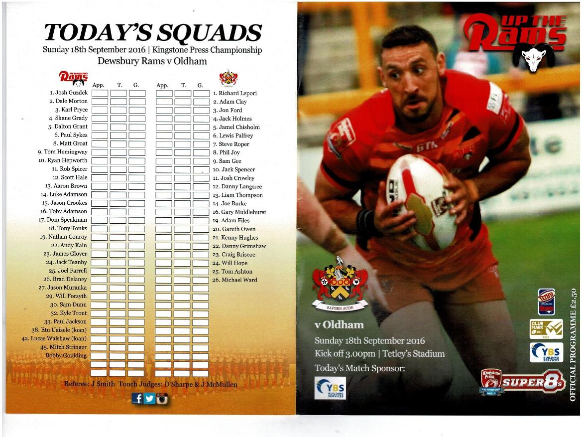 Programme cover: Oldham v Dewsbury Rams, 18 September 2016
