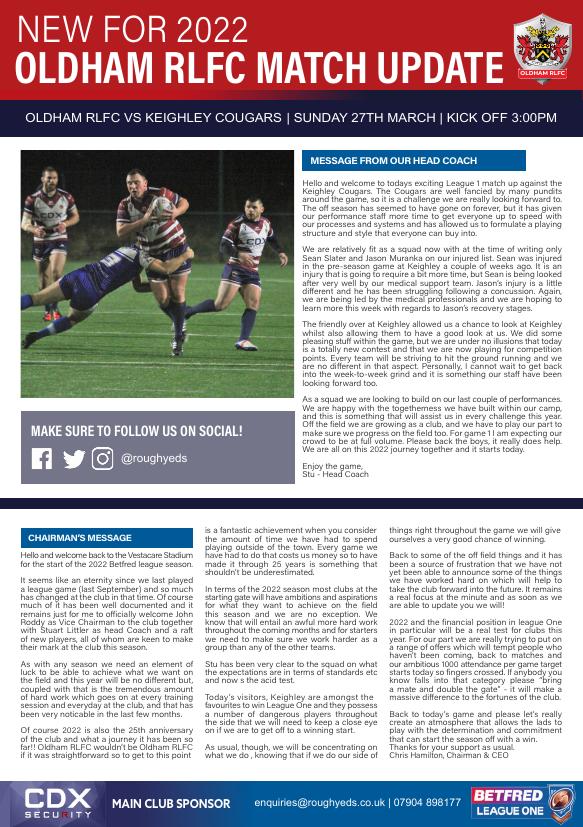 Programme cover: Oldham v Keighley Cougars, 27 March 2022