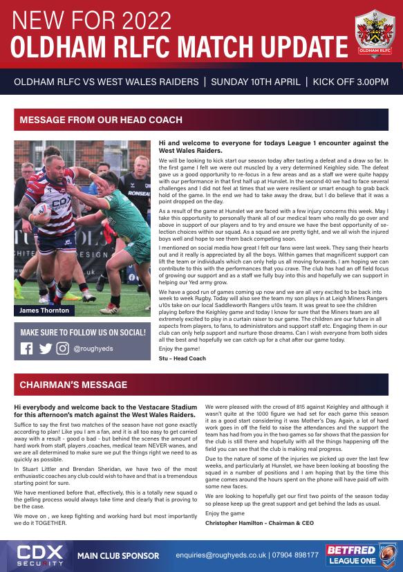 Programme cover: Oldham v West Wales Raiders, 10 April 2022